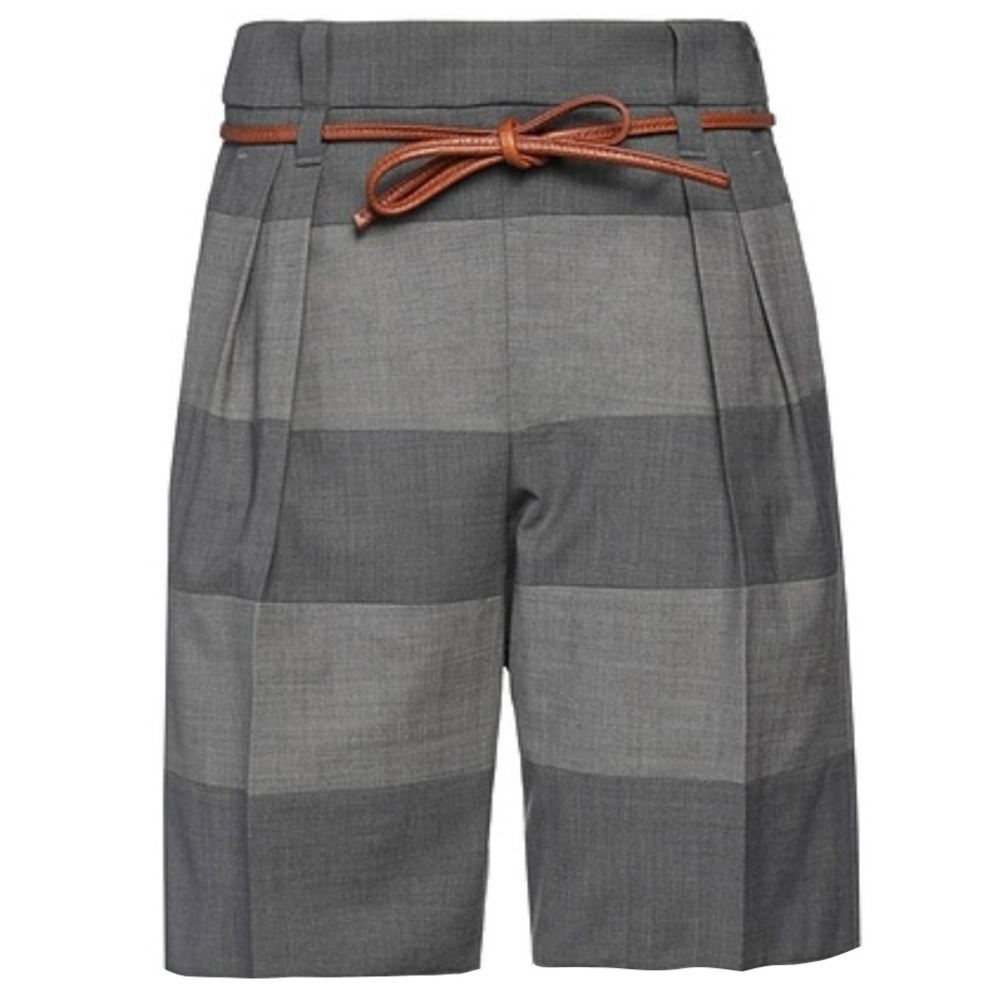 BRUNELLO CUCINELLI Gray Wool Blend Shorts with Brown Leather Tie Belt